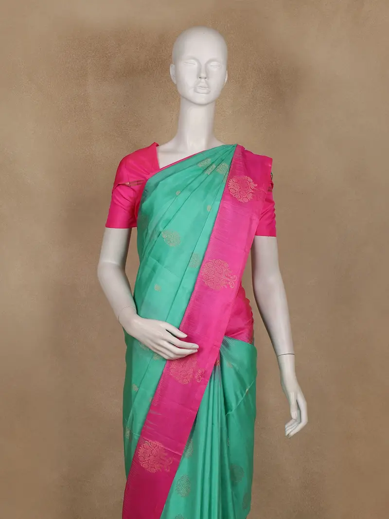 Sea Green Butta Woven Soft Silk Saree With Contrast Pink Border 2