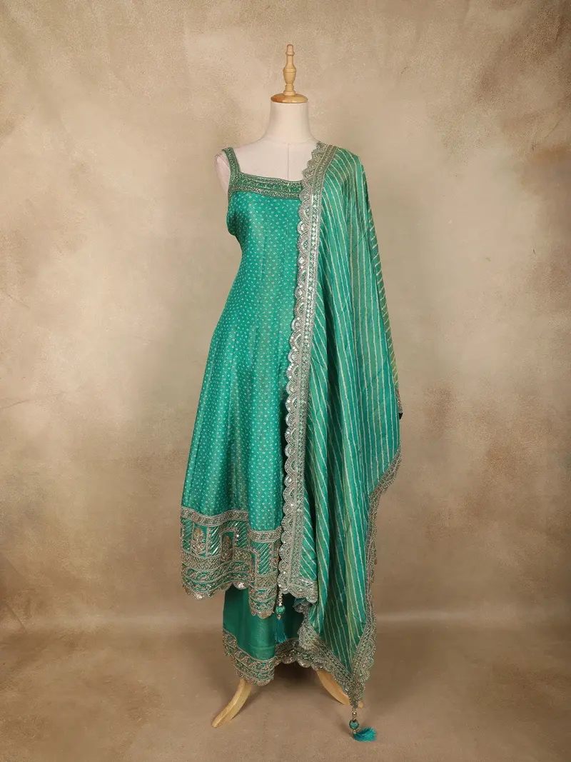 Sea Green Butta Zari Woven Design Tissue Banarasi Palazzo Suit 1