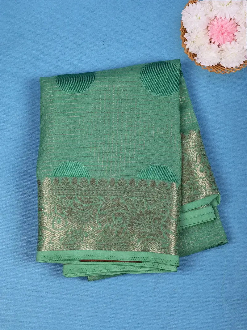 Sea Green Checked Mysore Silk Saree With Zari Floral Border And Circle Motifs 1