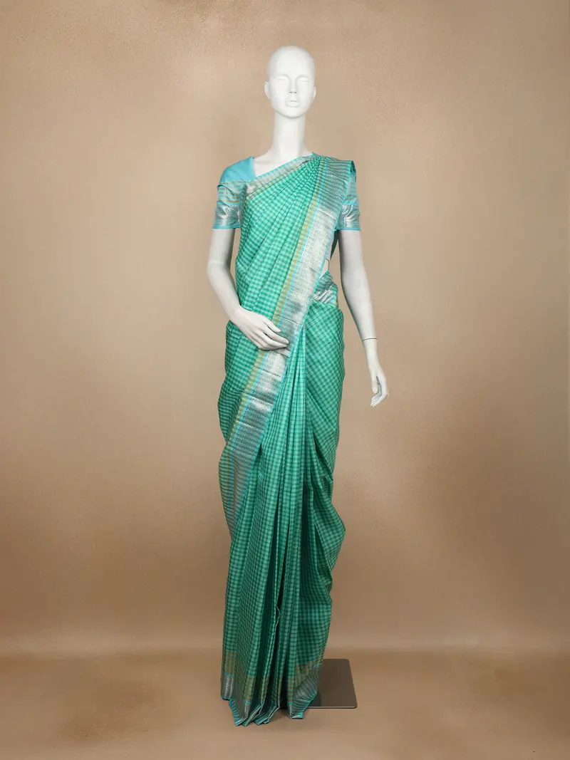 Sea Green Checked Woven Pure Kanchipuram Silk Saree With Silver Zari Border 1