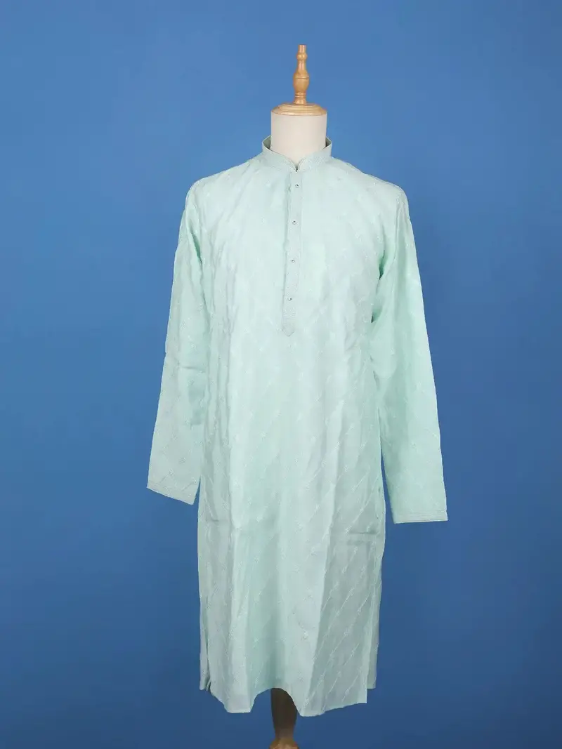 Sea Green Diamond Embroidered Cotton Kurta For Men 1