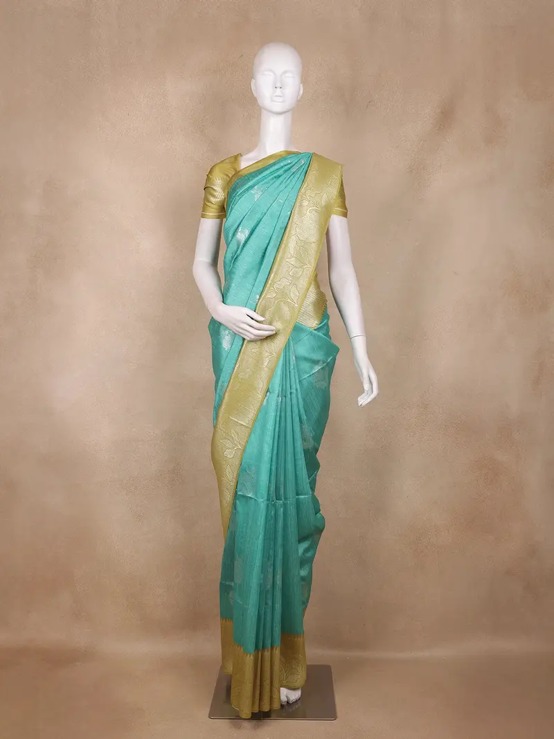 Sea Green Floral Butta Design Semi Tussar Saree With Contrast Zari Border 1