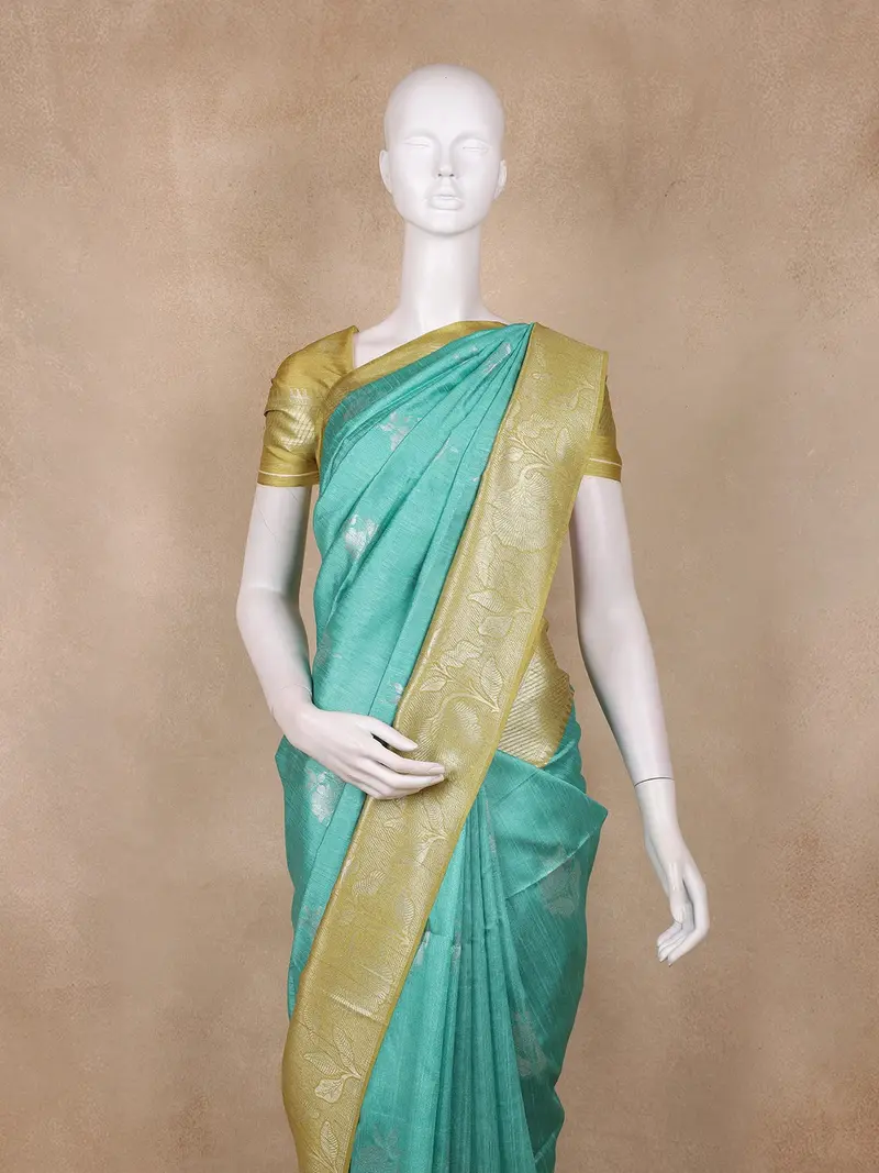 Sea Green Floral Butta Design Semi Tussar Saree With Contrast Zari Border 2