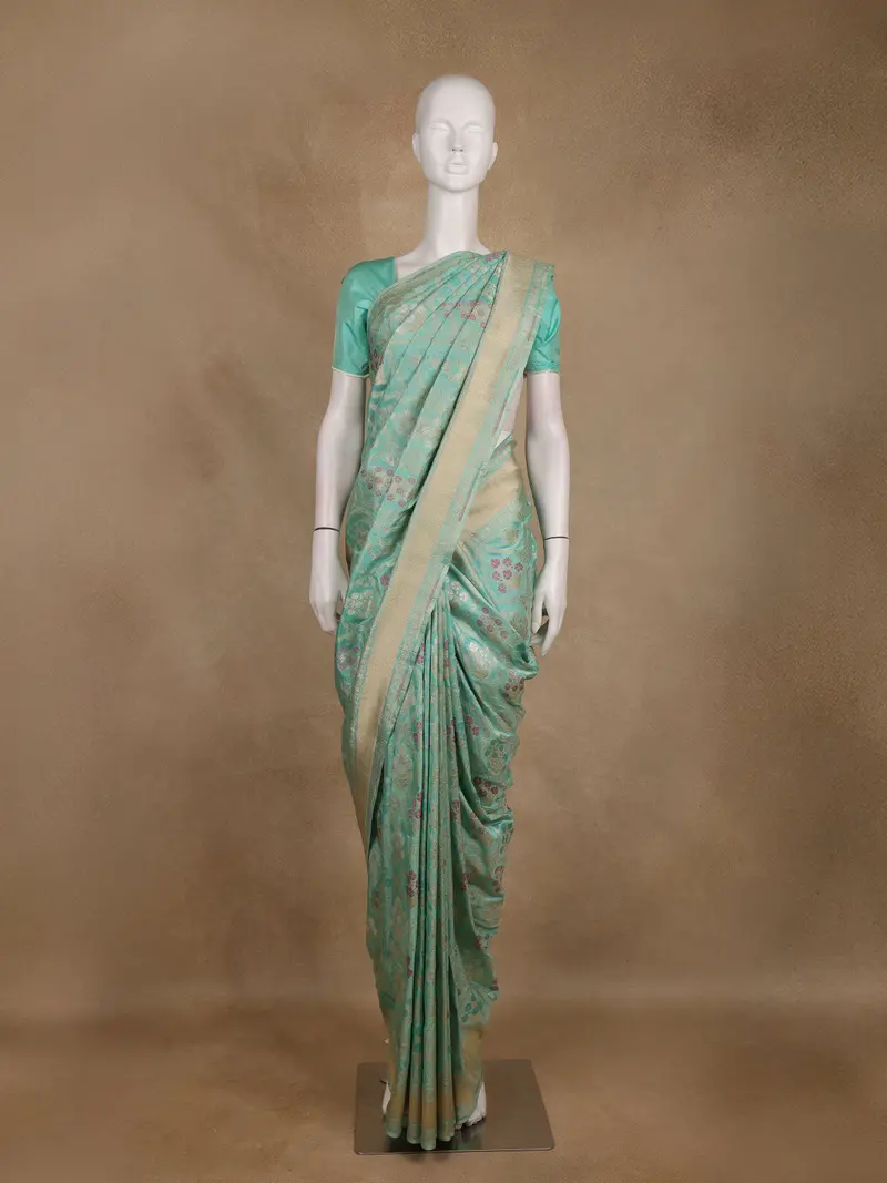 Sea Green Floral Butta Woven Banarasi Silk Saree With Zari Border 1