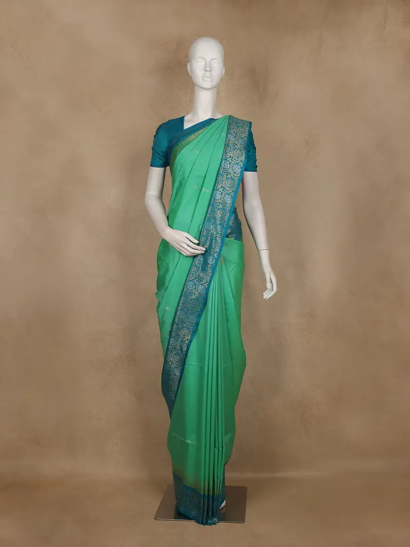 Sea Green Floral Butta Woven Soft Silk Saree With Contrast Teal Blue Zari Border 1