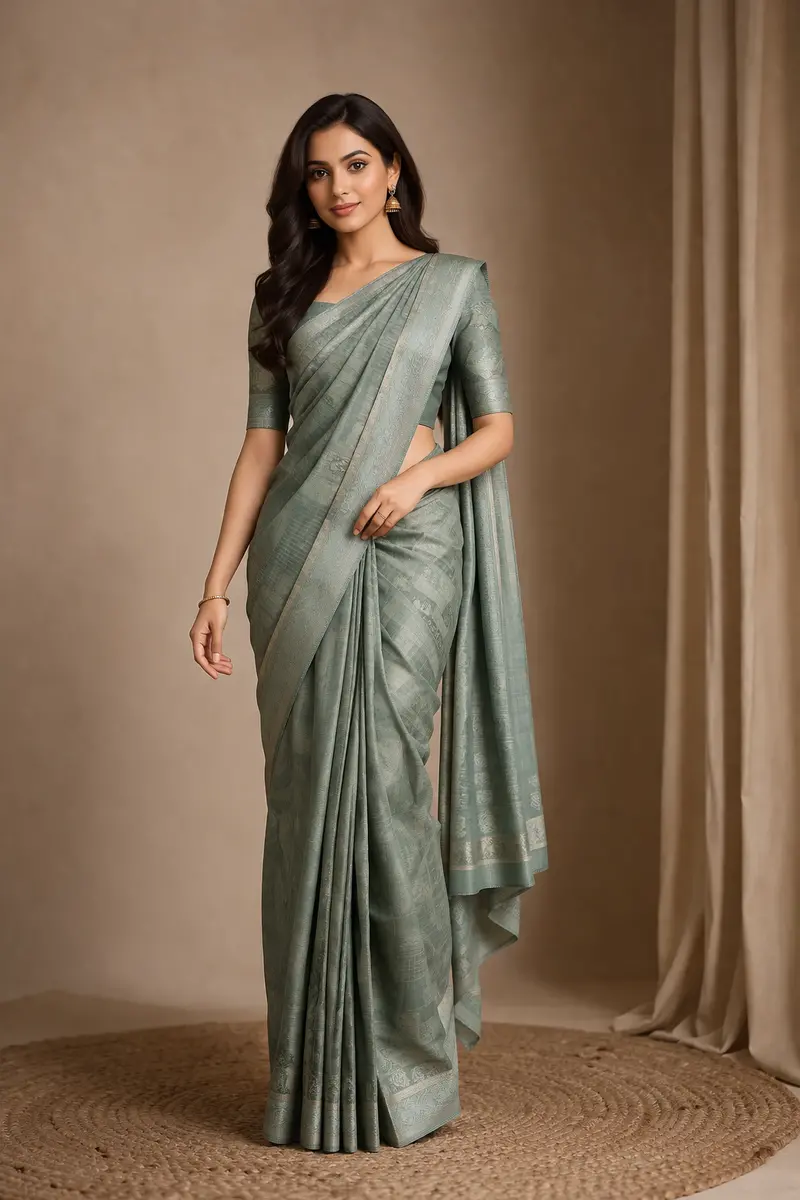 Sea Green Floral Checked Semi Tussar Saree With Silver Zari Border 1