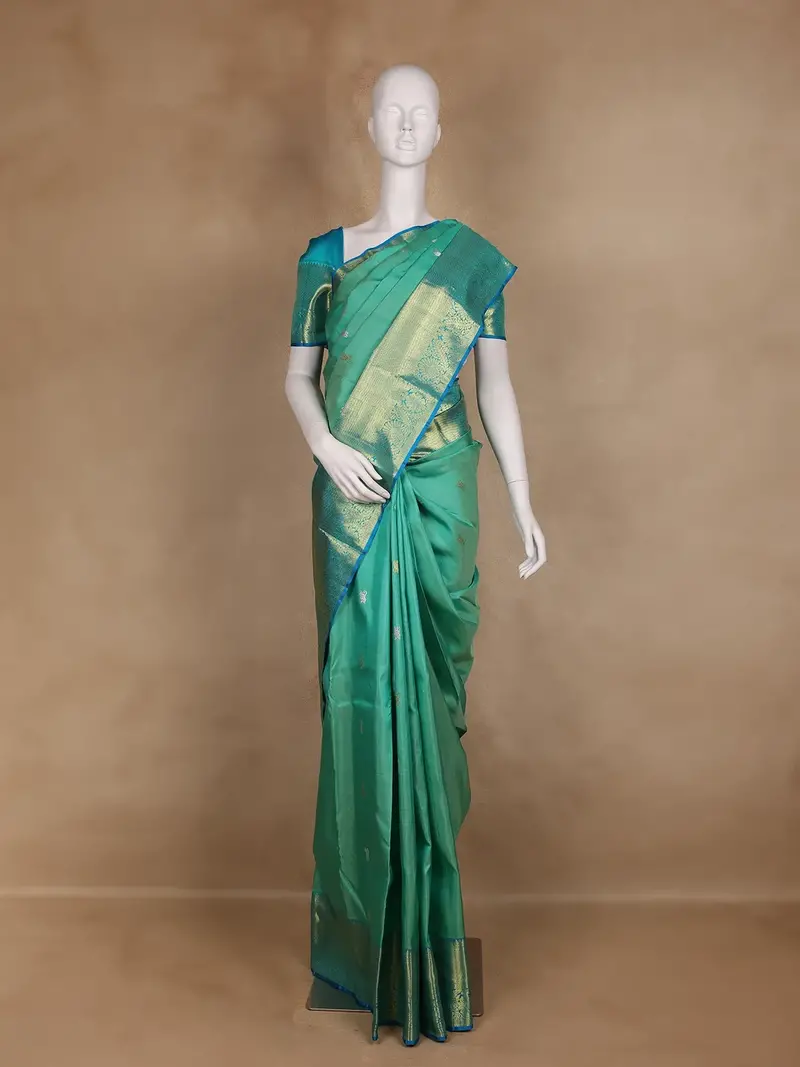 Sea Green Floral Design Kanchipuram Silk Saree 1