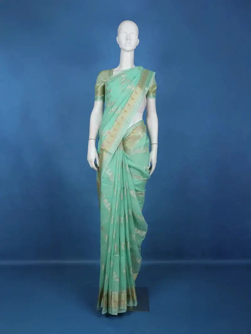 Sea Green Floral Design Semi Tissue Saree 1
