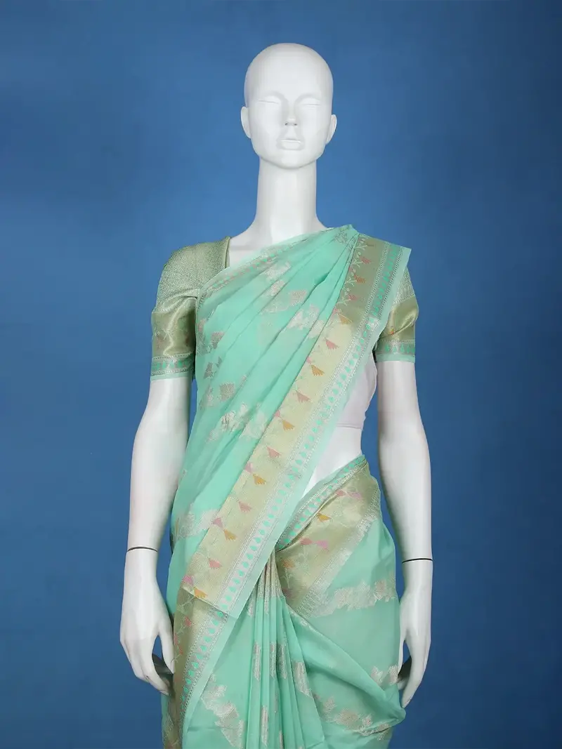 Sea Green Floral Design Semi Tissue Saree 2
