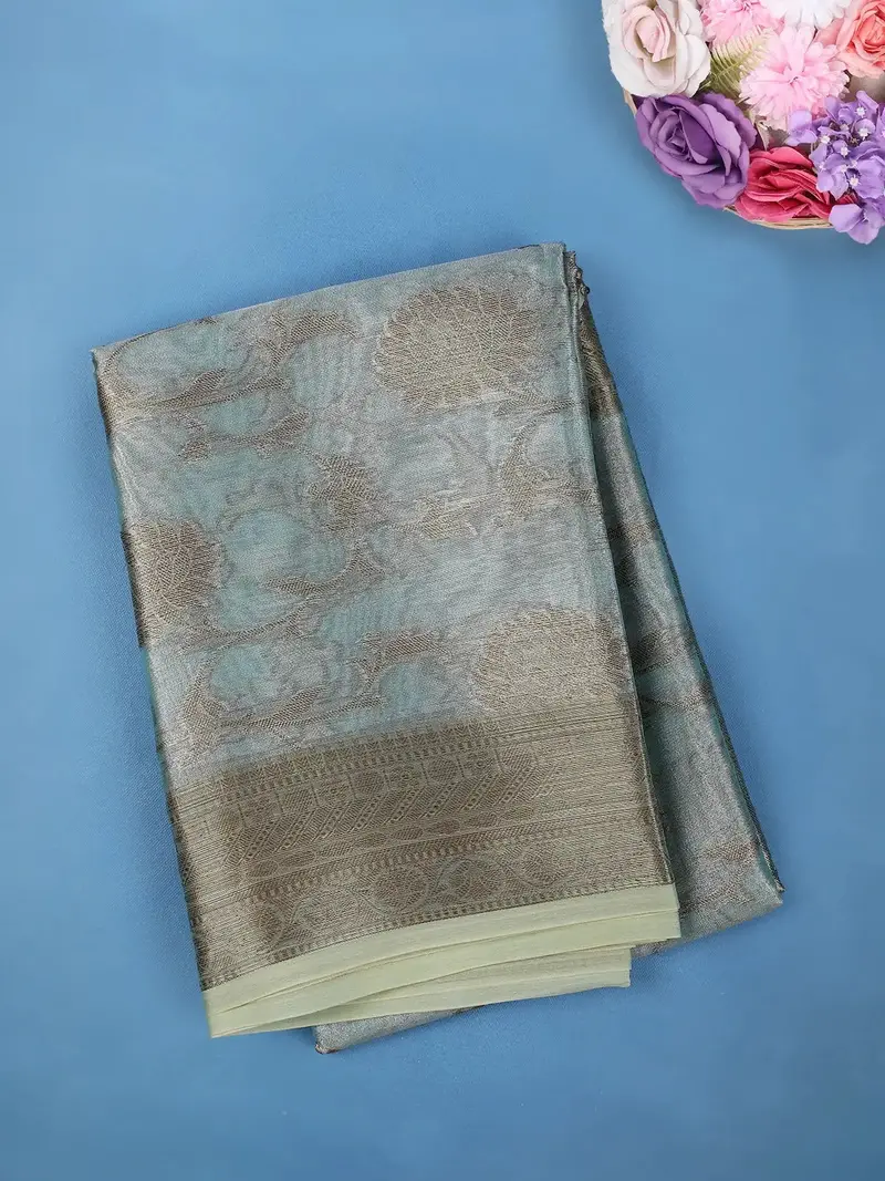 Sea Green Floral Design Woven Tissue Silk Saree 1