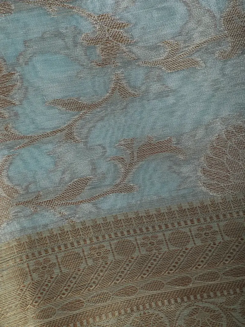 Sea Green Floral Design Woven Tissue Silk Saree 2