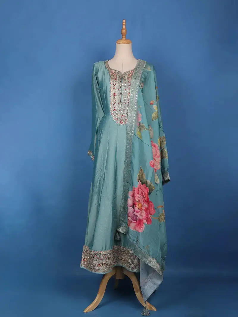 Sea Green Floral Digital Print With Embroidery Georgette Salwar Suit 1
