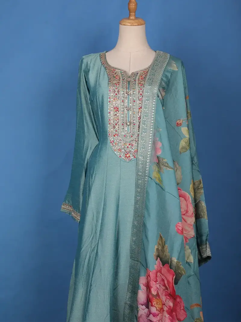 Sea Green Floral Digital Print With Embroidery Georgette Salwar Suit 2