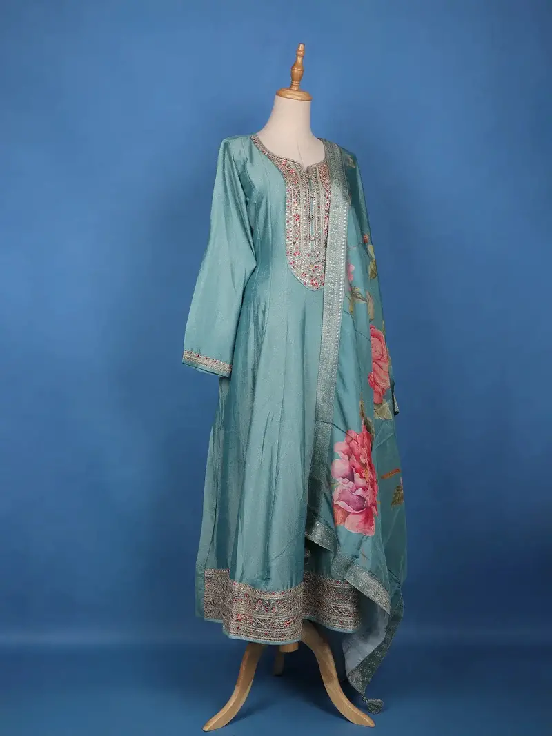 Sea Green Floral Digital Print With Embroidery Georgette Salwar Suit 3
