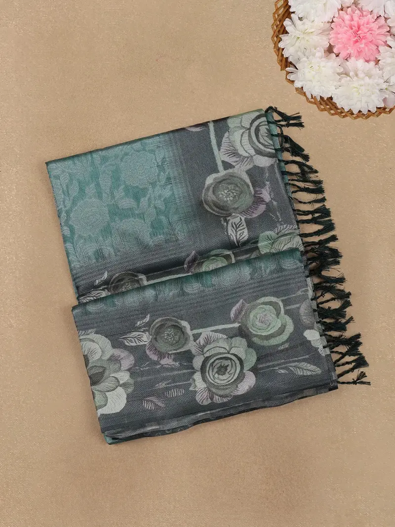 Sea Green Floral Digital Printed Silk Saree 1