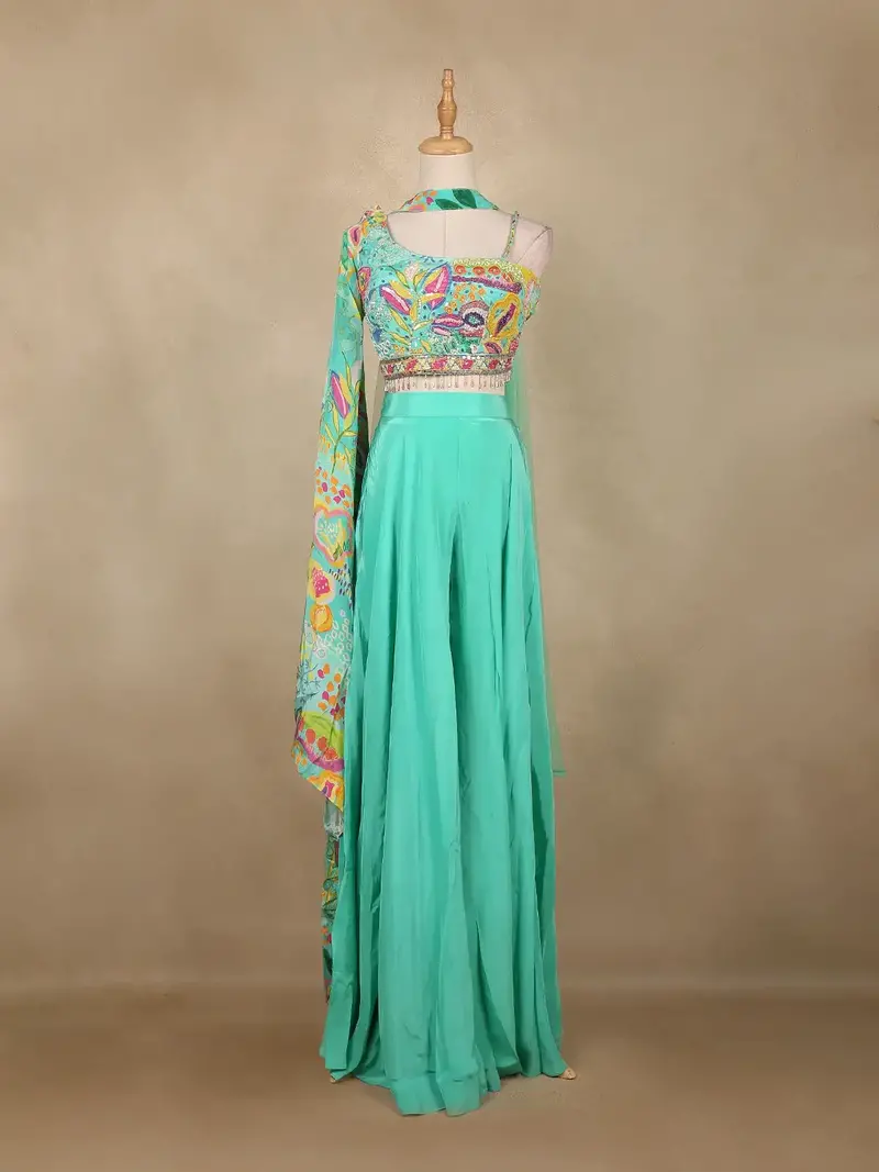Sea Green Floral Embroidered Design Synthetic Palazzo Suit With Dupatta 1