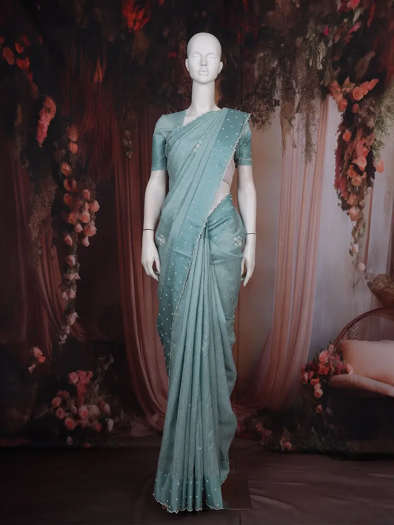 Sea Green Floral Embroidered Raw Silk Saree 1