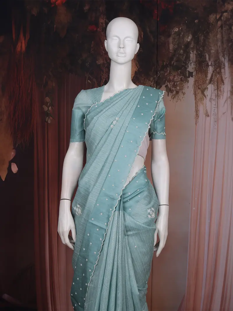 Sea Green Floral Embroidered Raw Silk Saree 2