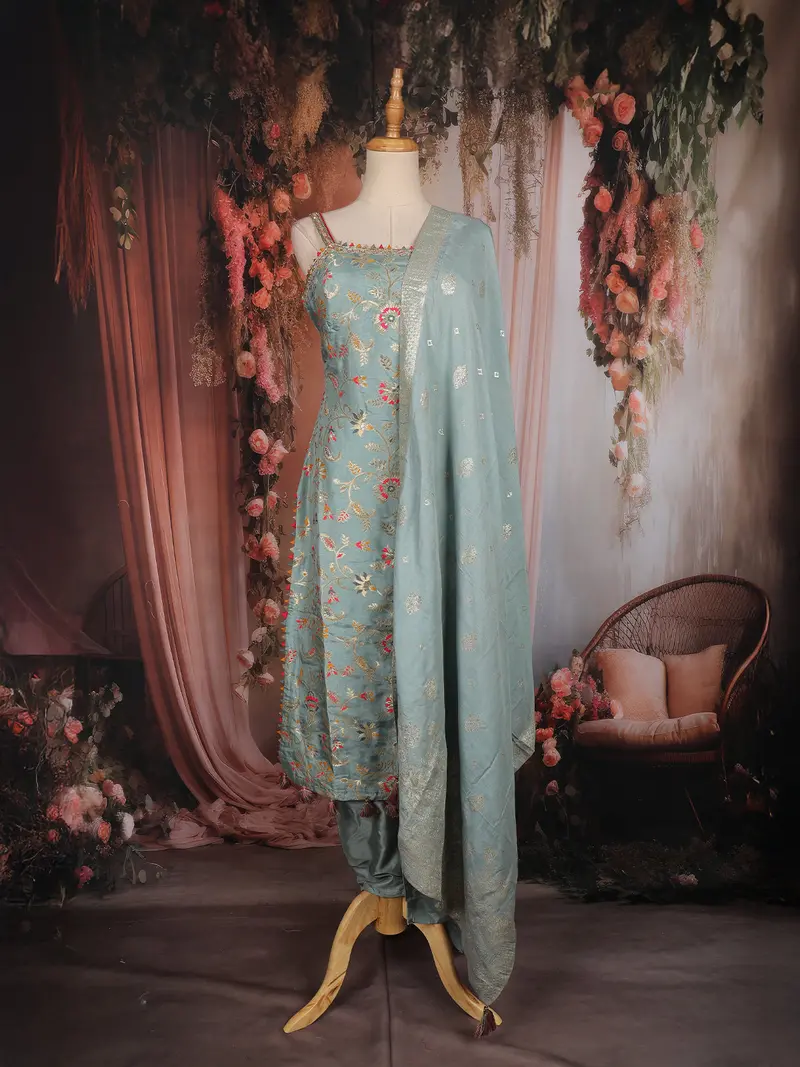 Sea Green Floral Embroidered Silk Straight Suit With Silver Butta Dupatta 1