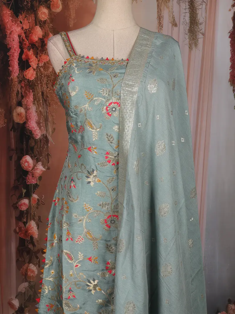 Sea Green Floral Embroidered Silk Straight Suit With Silver Butta Dupatta 2