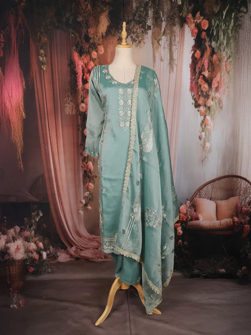 Sea Green Floral Embroidered Tissue Organza Salwar Suit With Dupatta 1
