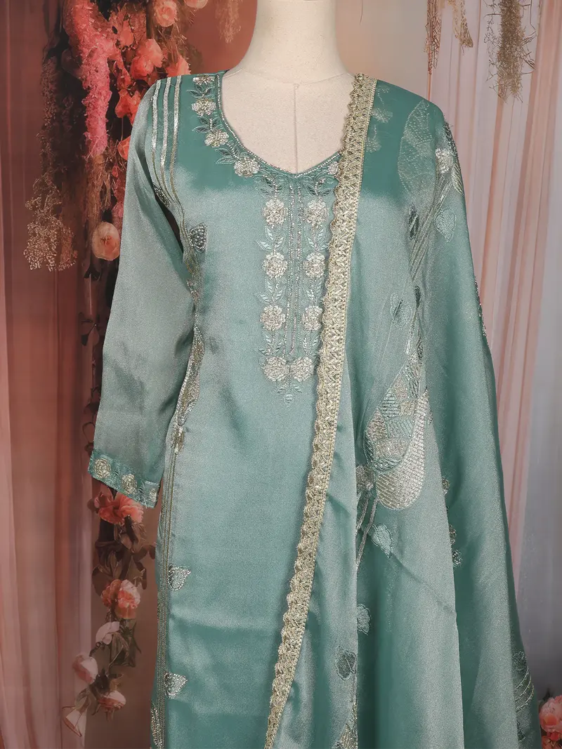 Sea Green Floral Embroidered Tissue Organza Salwar Suit With Dupatta 2