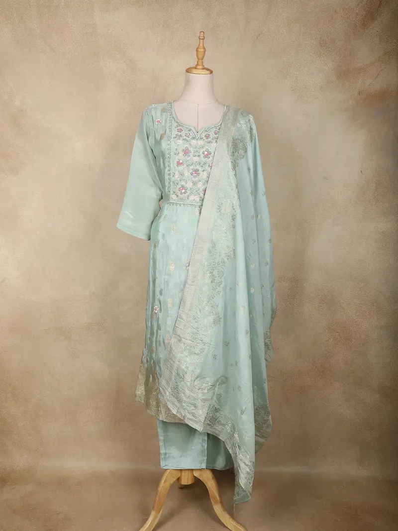 Sea Green Floral Embroidered Tissue Silk Salwar Suit With Dupatta 1