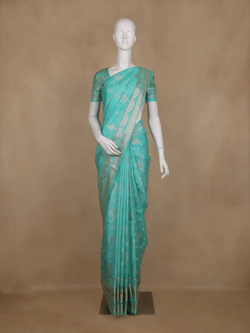 Sea Green Floral Motif Design Semi Banarasi Silk Saree 1