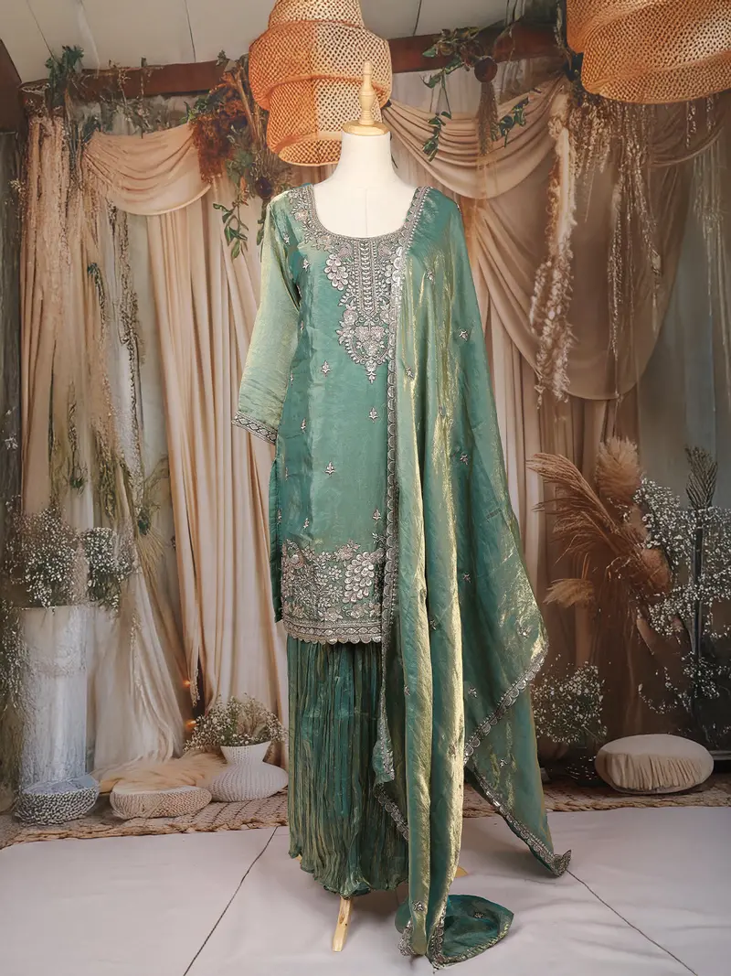 Sea Green Floral Sequins Embroidered Tissue Organza Salwar Suit 1