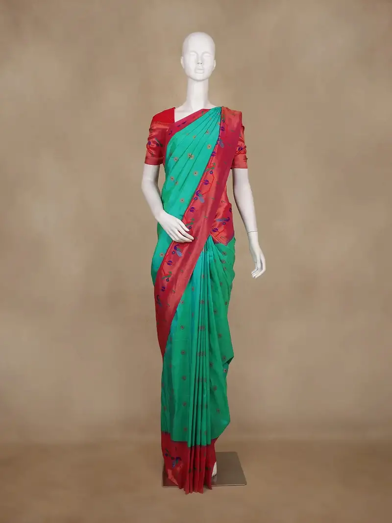 Sea Green Floral Woven Banarasi Silk Saree With Contrast Red Border 1