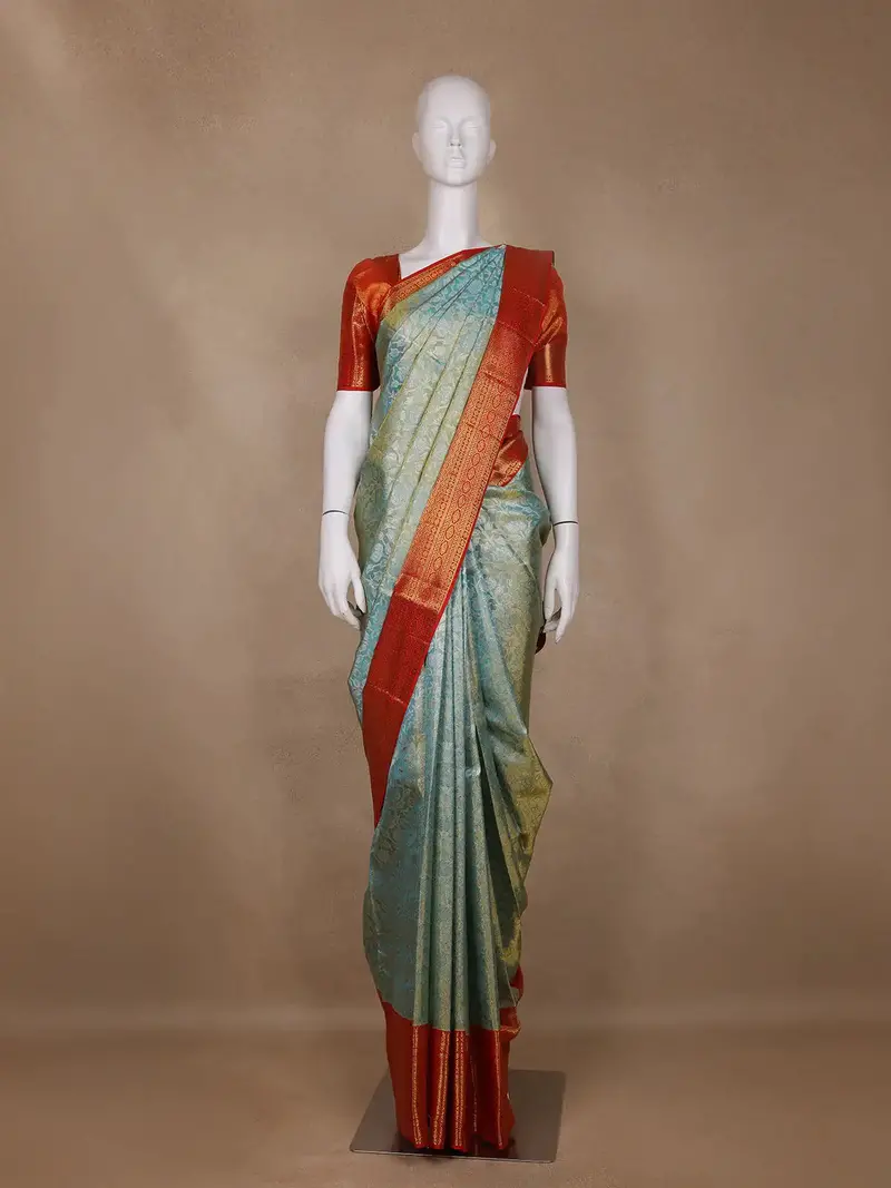 Sea Green Floral Woven Motifs Pure Kanchipuram Tissue Silk Saree 1