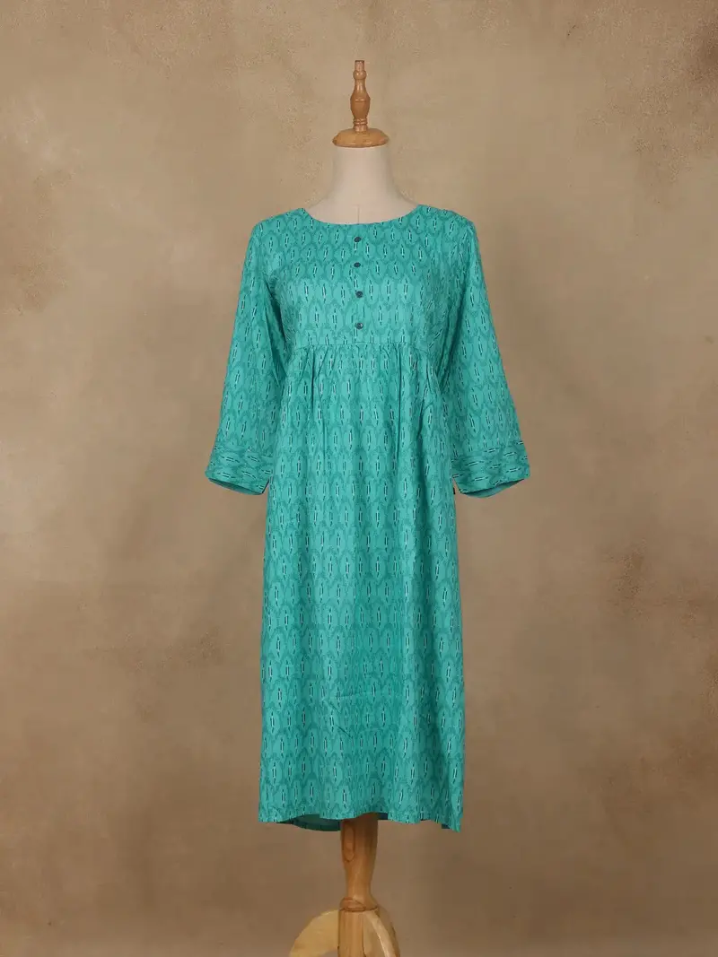 Sea Green Geometric Printed Cotton Kurti 1