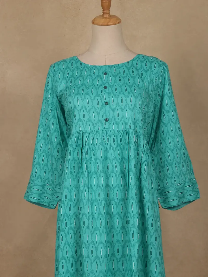 Sea Green Geometric Printed Cotton Kurti 2
