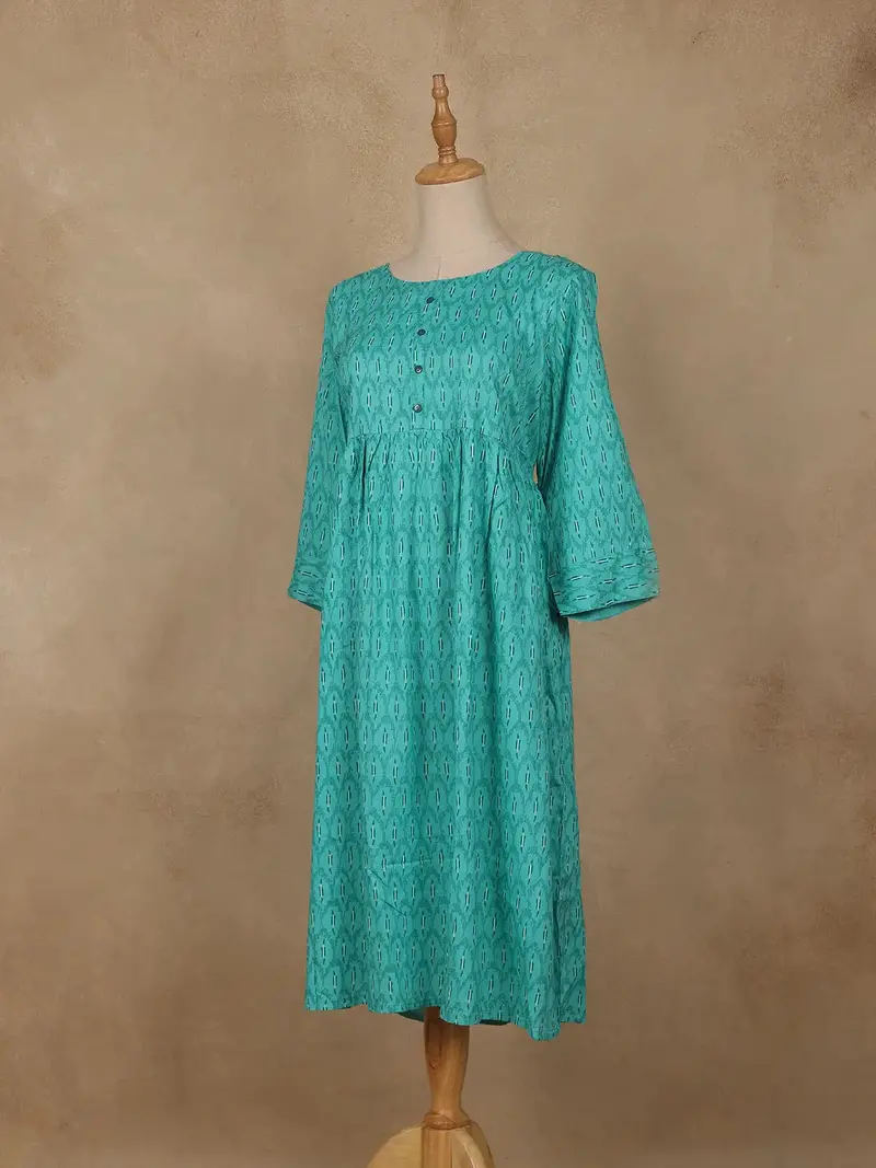 Sea Green Geometric Printed Cotton Kurti 3