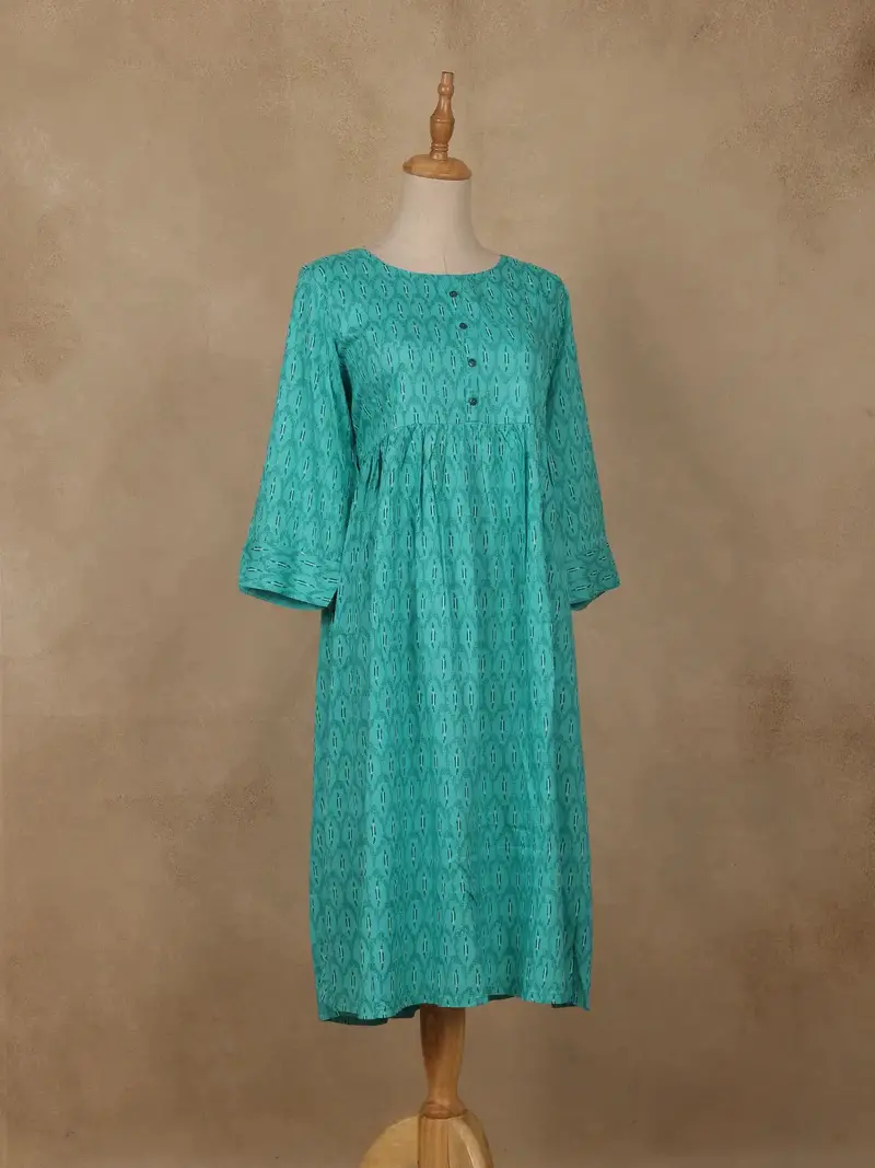 Sea Green Geometric Printed Cotton Kurti 4