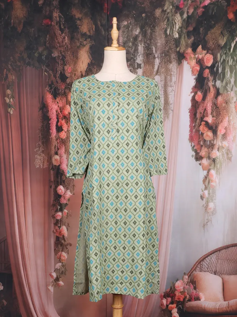Sea Green Geometric Printed Design Cotton Kurti 1