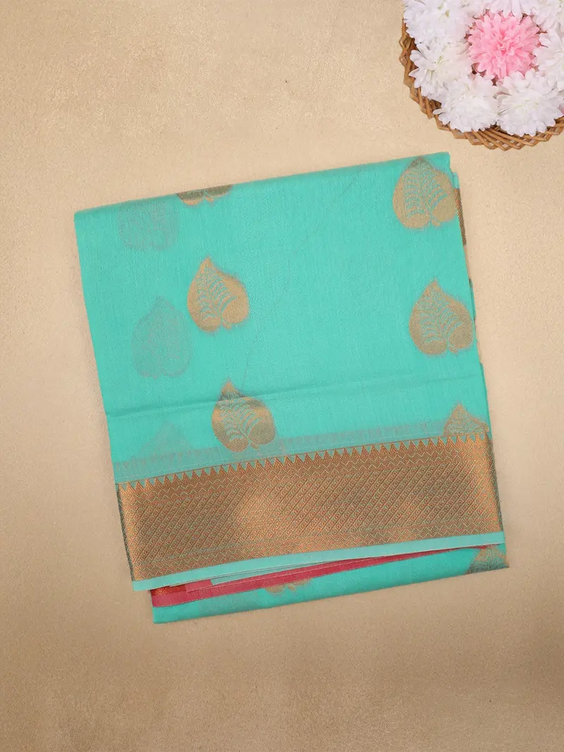 Sea Green Leaf Butta Design Silk Cotton Saree With Contrast Zari Border 1
