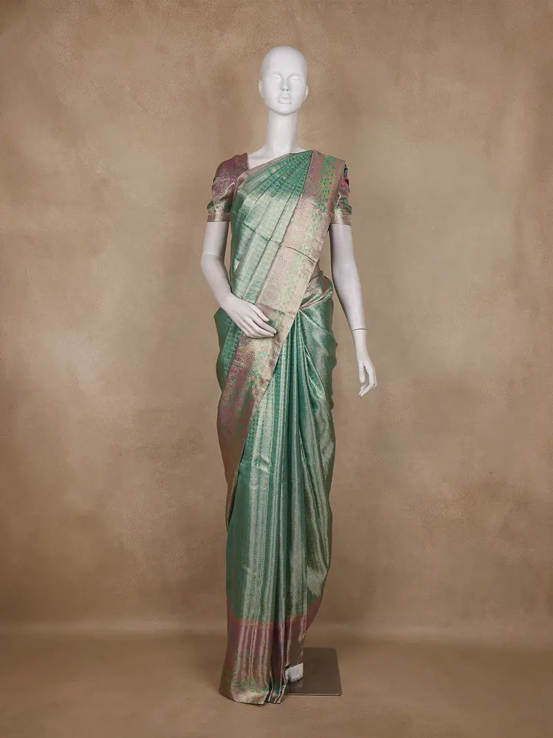 Sea Green Mini Checked Woven Design Pure Kanchipuram Tissue Silk Saree With Contrast Designer Border 1
