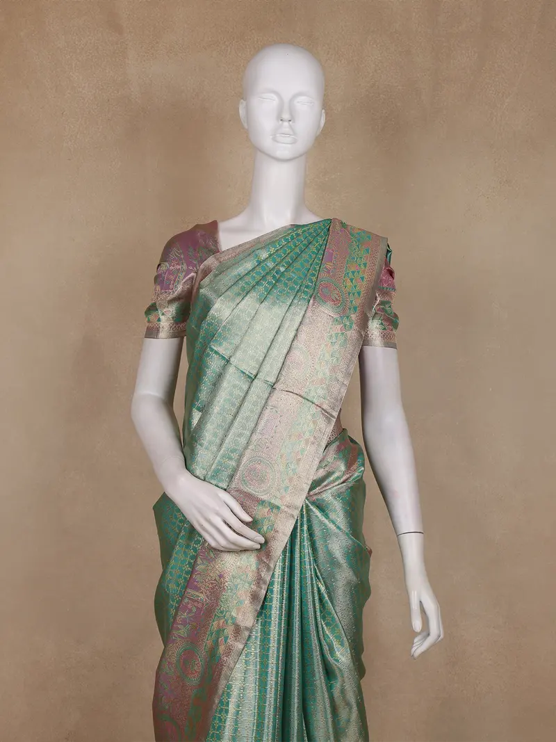 Sea Green Mini Checked Woven Design Pure Kanchipuram Tissue Silk Saree With Contrast Designer Border 2