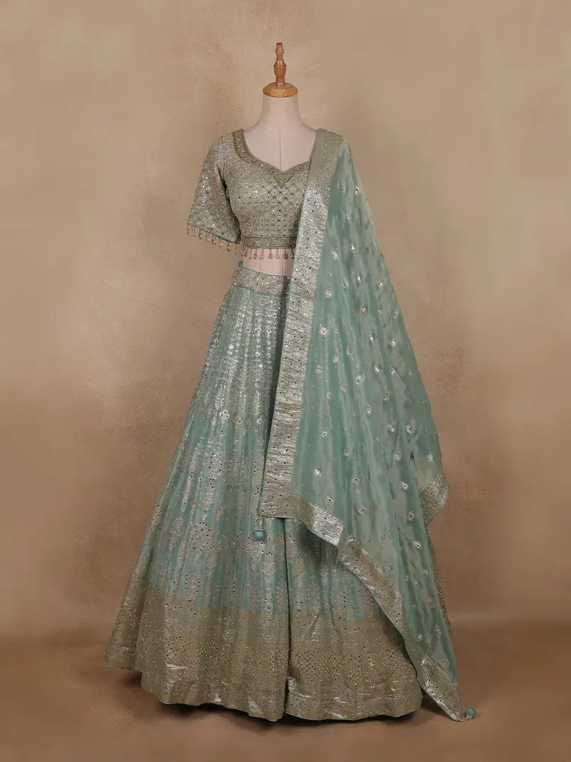 Sea Green Mirror Embroidered Tissue Organza Lehenga With Dupatta 1