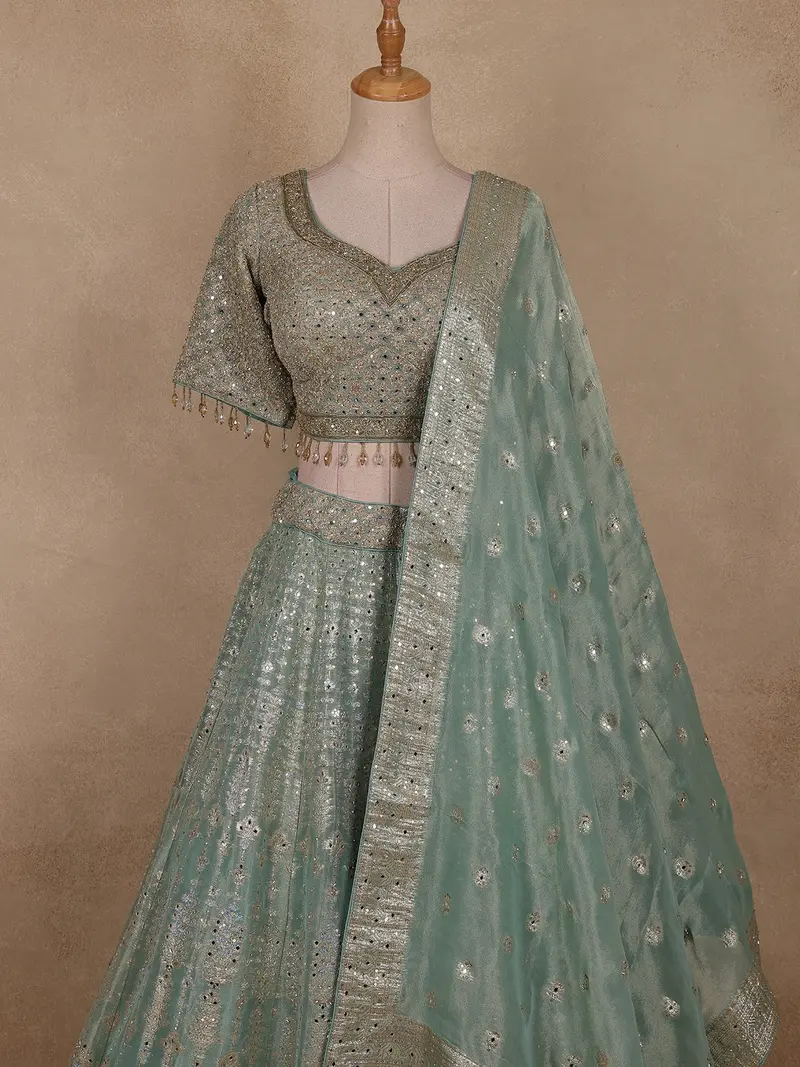 Sea Green Mirror Embroidered Tissue Organza Lehenga With Dupatta 2