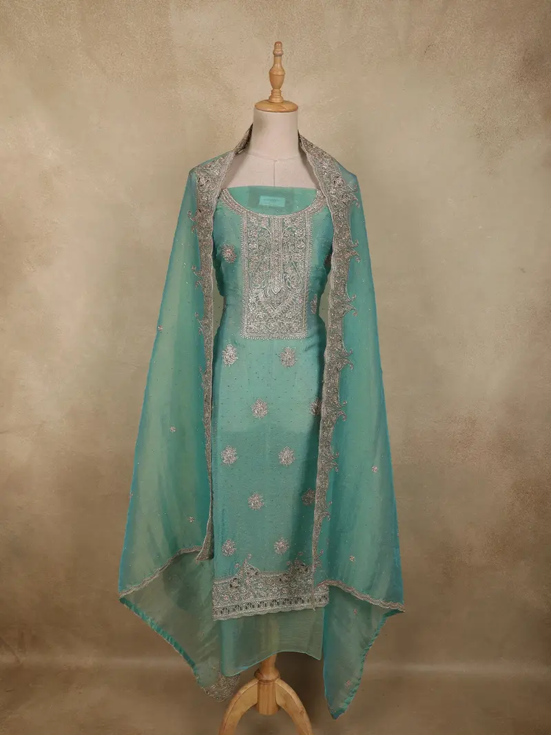 Sea Green Paisley Sequins Embroidered Design Tissue Silk Unstitched Salwar Material With Dupatta 1