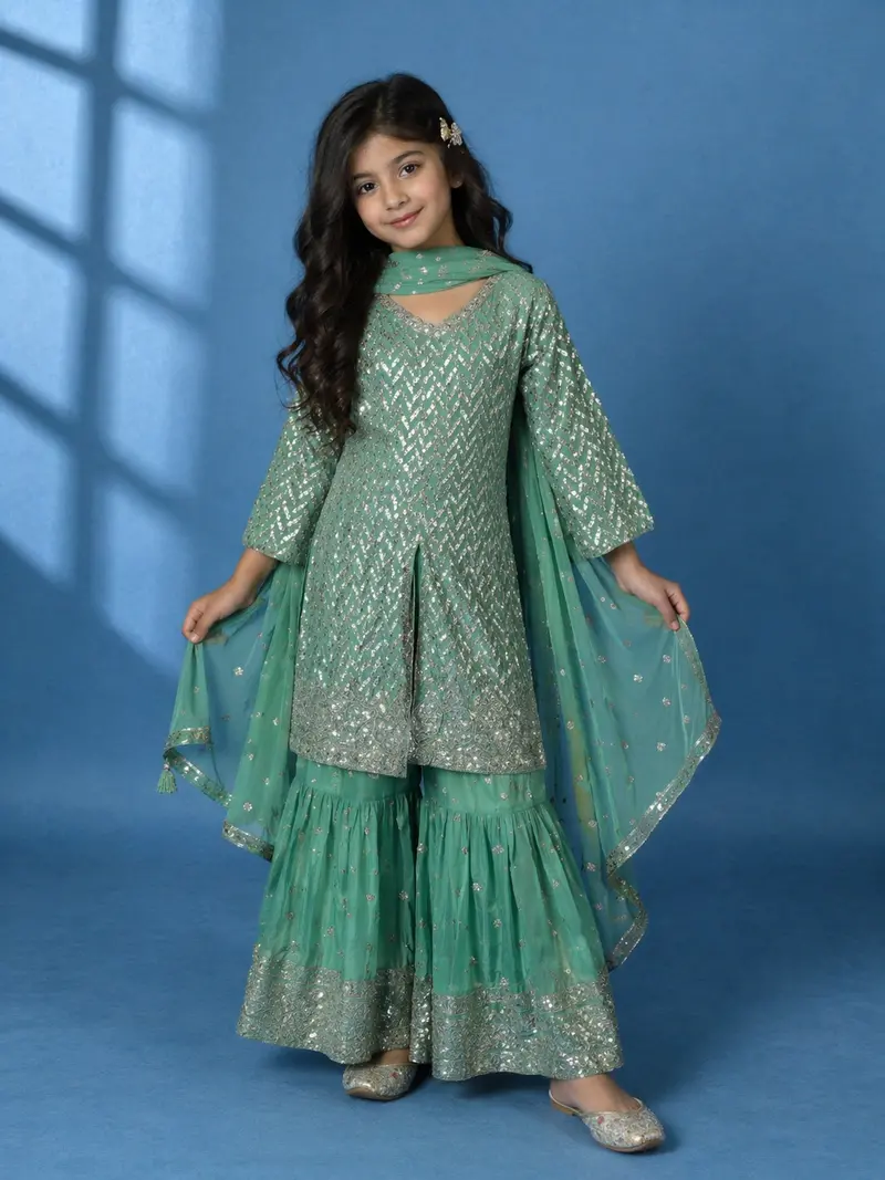 Sea Green Sequin Embroidered Georgette Kids Palazzo Suit 1