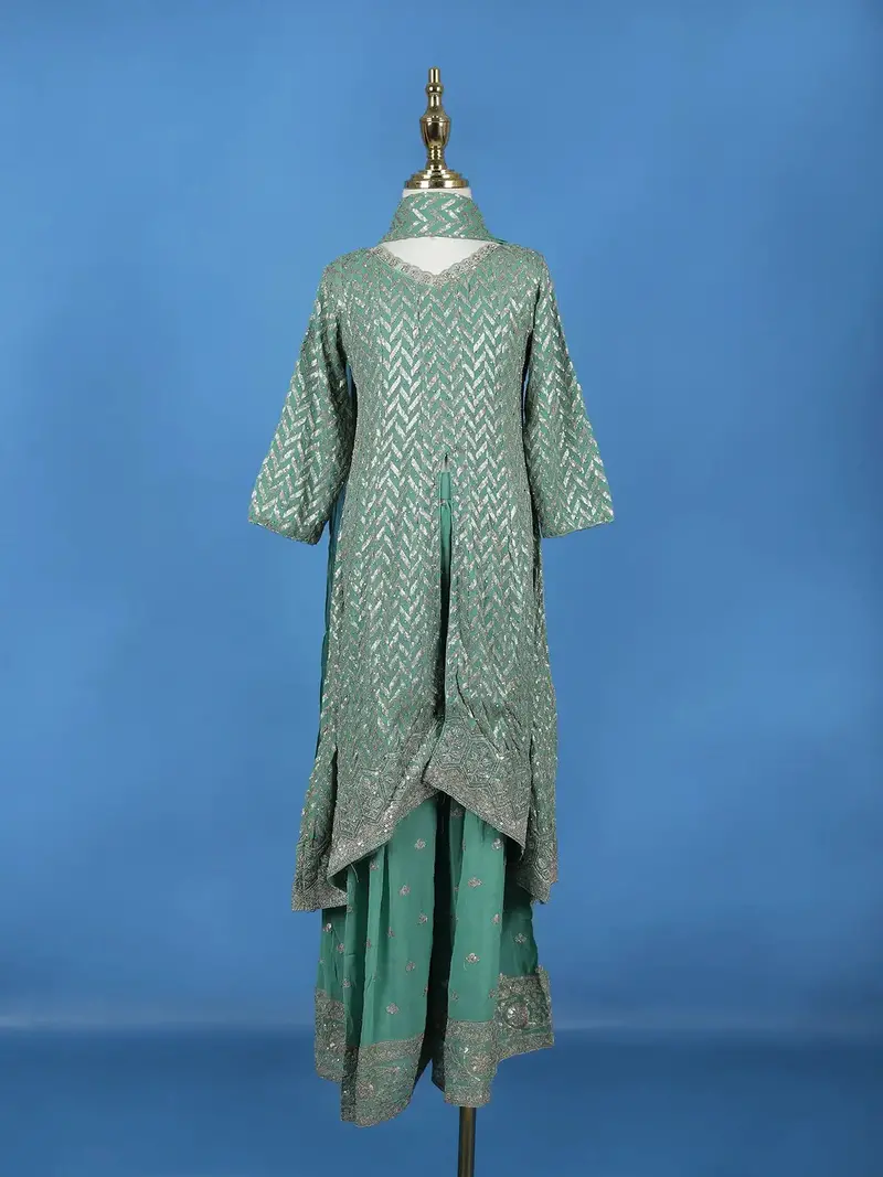 Sea Green Sequin Embroidered Georgette Kids Palazzo Suit 2