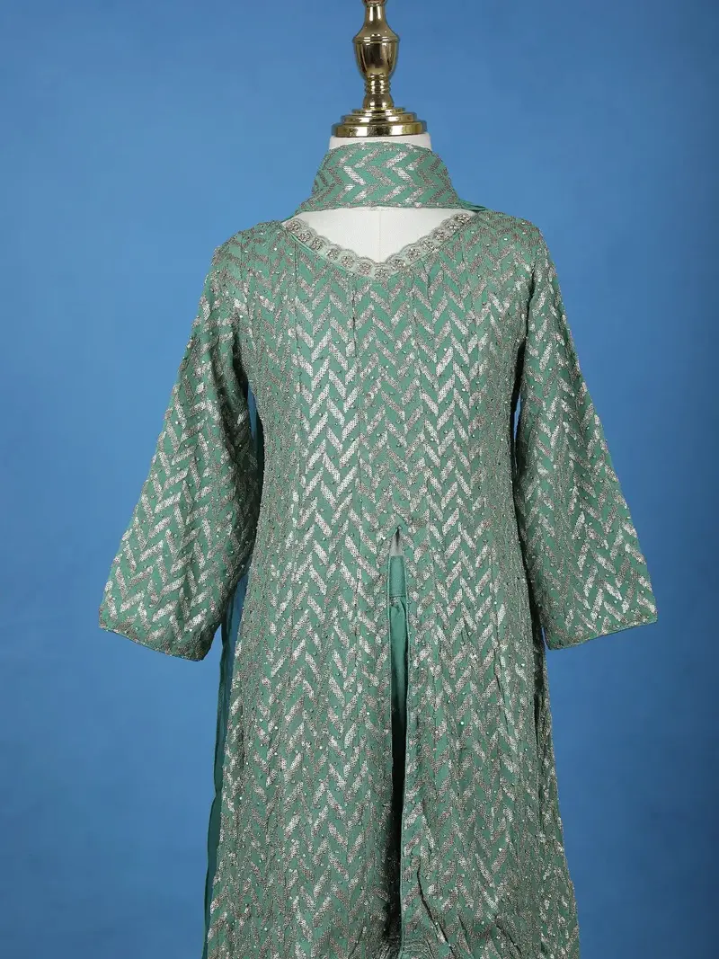Sea Green Sequin Embroidered Georgette Kids Palazzo Suit 3