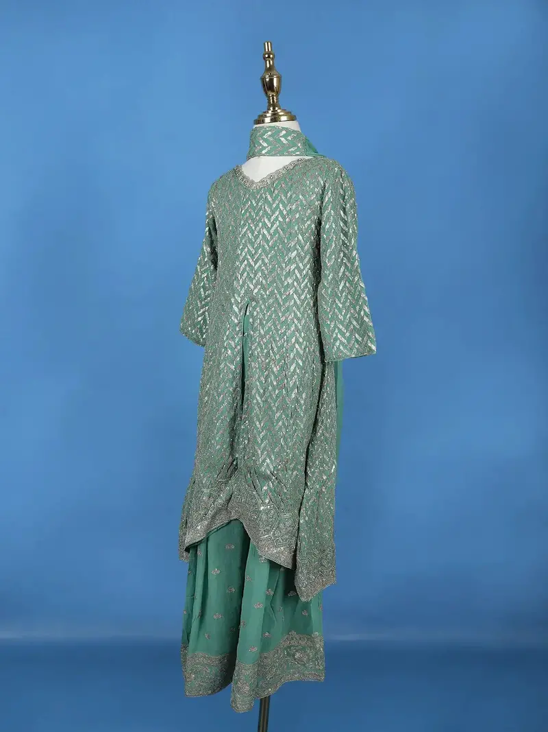 Sea Green Sequin Embroidered Georgette Kids Palazzo Suit 4