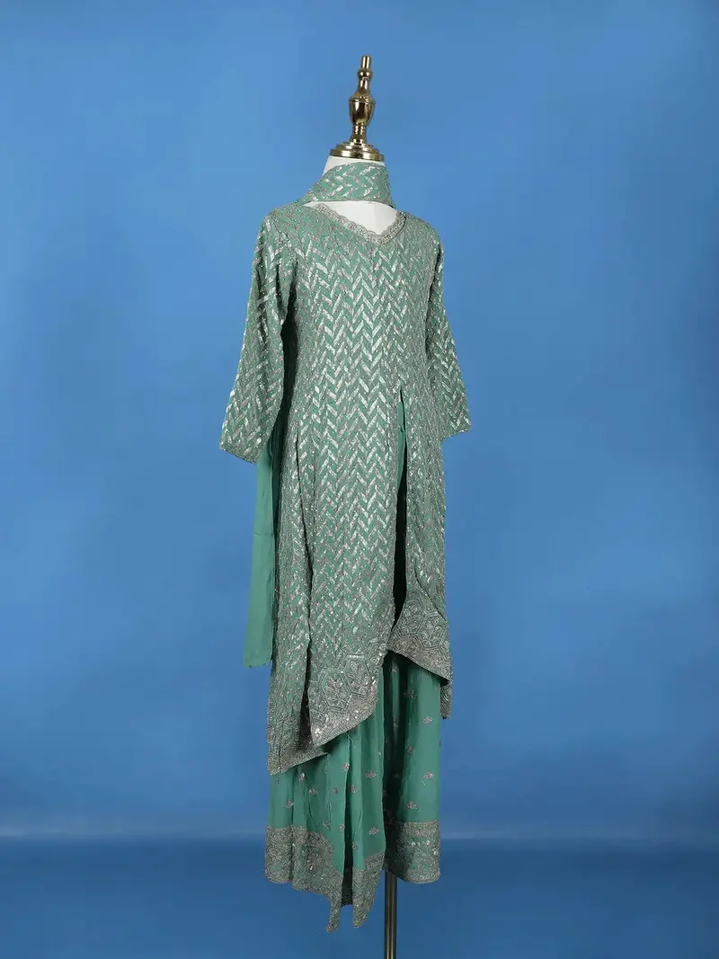 Sea Green Sequin Embroidered Georgette Kids Palazzo Suit 5