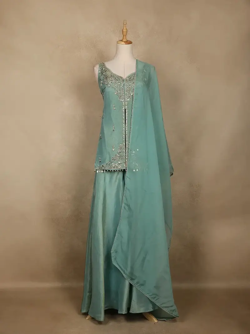 Sea Green Sequin Embroidery Design Silk Palazzo Suit 1