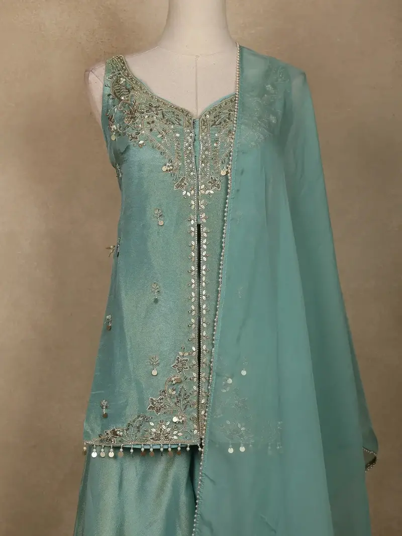 Sea Green Sequin Embroidery Design Silk Palazzo Suit 2