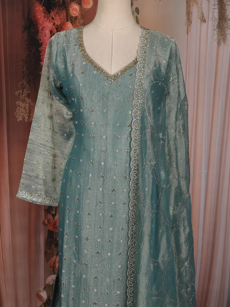 Sea Green Stone And Beads Embellished Tissue Organza Salwar Suit 1